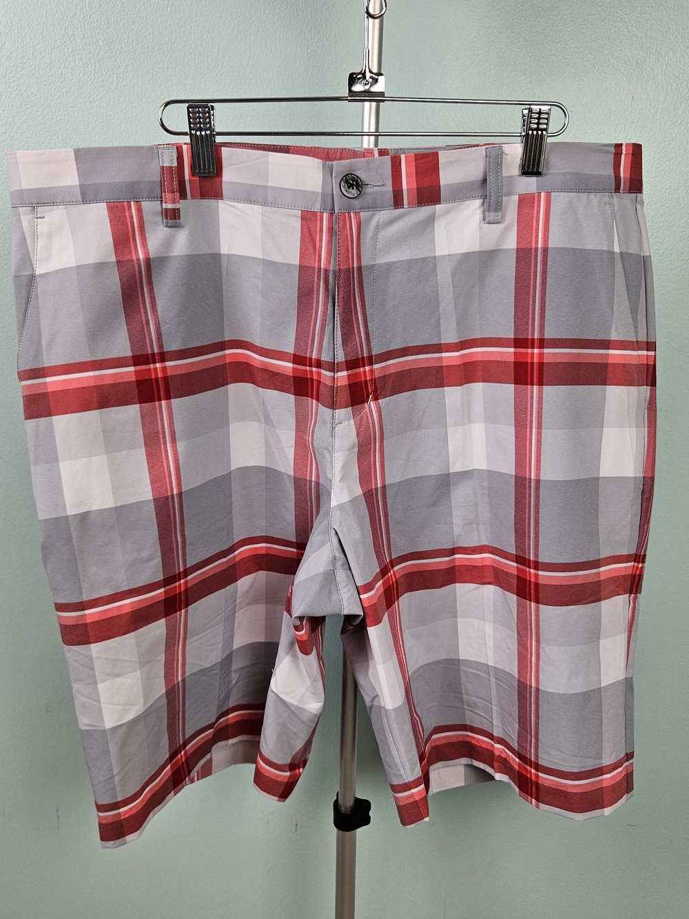 adidas Men's Red and Gray Plaid Flat Front Shorts